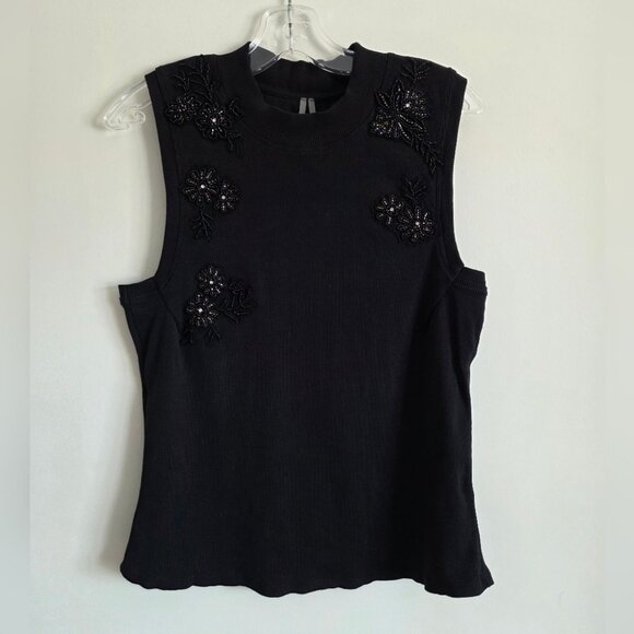 ANTHRO | Beaded Applique Tank Blouse Top black ribbed cotton Sz XL - Picture 2 of 7